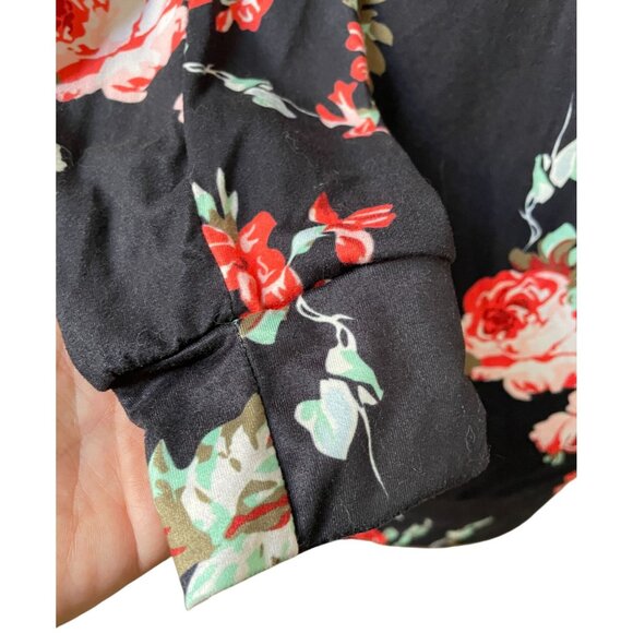 black floral draped lightweight long sleeve open cardigan small rose print - Picture 4 of 6